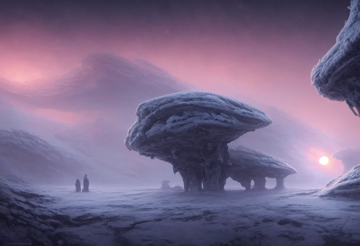 Prompt: surface of frozen winter alien planet at sunset, ultra high definition, ultra detailed, symmetry, fog, matte painting, by greg rutkowski and ross tran and wlop