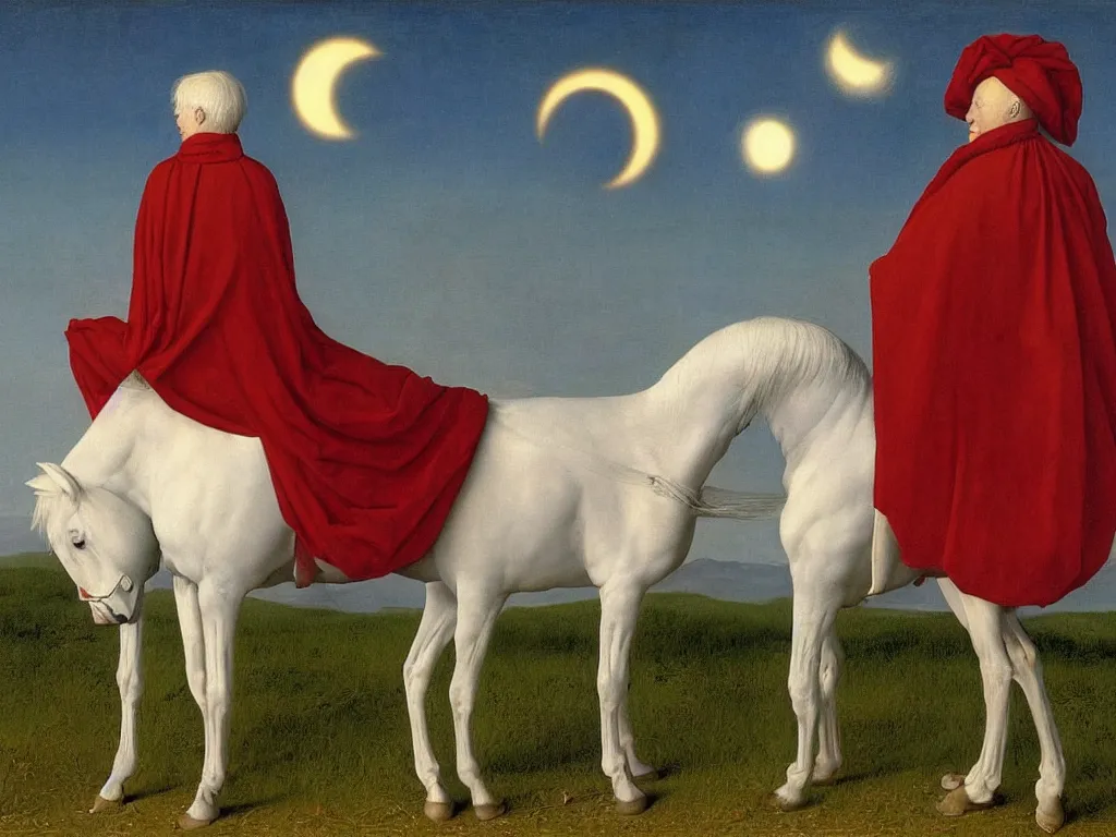 Image similar to albino mystic, with his back turned, with beautiful exotic horse in the day of the eclipse. Painting by Jan van Eyck, Audubon, Rene Magritte, Agnes Pelton, Max Ernst, Walton Ford