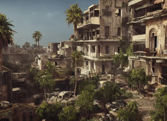 Image similar to casbah algiers post apocalyptic, vegetation, ultra realistic, insane details, cinematic, epic composition, unreal engine, octane render