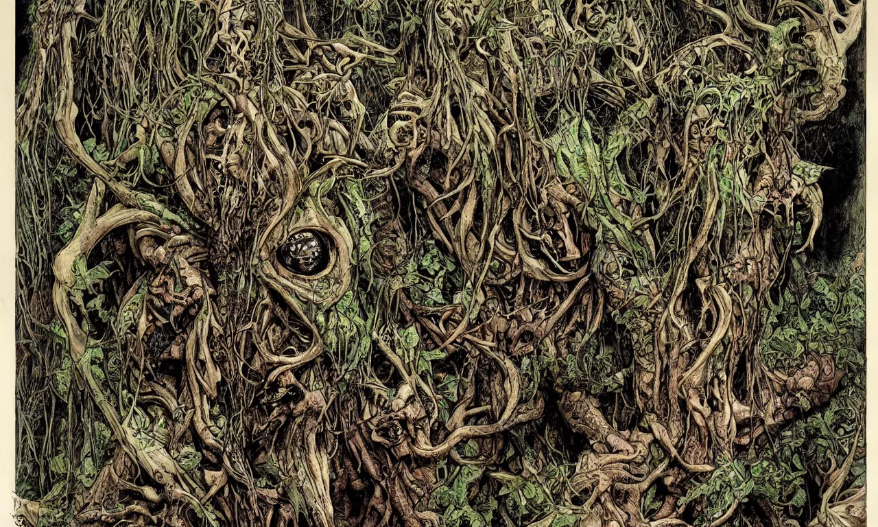 Image similar to hyperdetailed art nouveau portrait of treebeard and swamp thing as a cthulhu eyeball moose skull wendigo swamp thing creatures, by michael kaluta, pushead and bill sienkiewicz, photorealism, claws, skeleton, antlers, fangs, forest, wild, bizarre, scary, lynn varley, lovern kindzierski, steve oliff