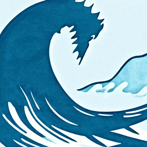 Image similar to a blue water wave in the silhouette shape of Godzilla, cartoon drawing