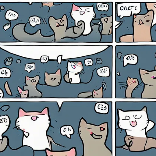 Image similar to a room full of cats singing in comic art style