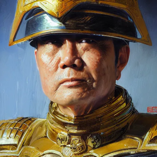 Prompt: closeup portrait of a futuristic general, photorealism, impressionism rob rey and greg manchess and huang guangjian, visible brushtrokes, highly detailed, intricate details, uniform, 8 k