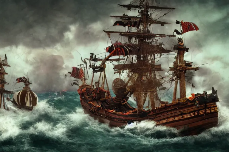 Image similar to epic pirate ship cannon battle in a storm, in the style of vernon grant and chris van allsburg, trending on artstation, bright tilt - shift camcorder effect, photoshop, retrowave, hyperrealism, octane, sharp focus, masterpiece