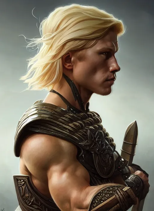 Image similar to symmetry! portrait of barbarian, short blond hair, d & d, muscular!! angry, armour, fantasy, intricate, elegant, highly detailed, digital painting, artstation, concept art, smooth, sharp focus, illustration, art by artgerm and greg rutkowski and alphonse mucha