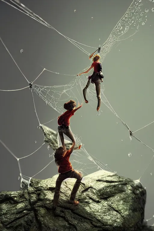 Prompt: Shrunk down human adventurers climbing on a spiders web, dewdrops, macro, dramatic lighting, cinematic, establishing shot, extremely high detail, foto realistic, cinematic lighting, post processed, concept art, high details, cinematic, 8k resolution, beautiful detailed, photorealistic, digital painting, artstation, concept art, smooth, sharp focus, artstation trending, octane render, unreal engine
