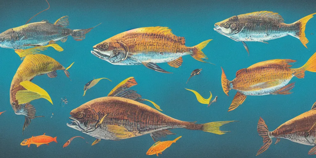Image similar to full color page scan of vintage fish illustrations on black background, in matte painting, 2 d, kitbash, 4 k,