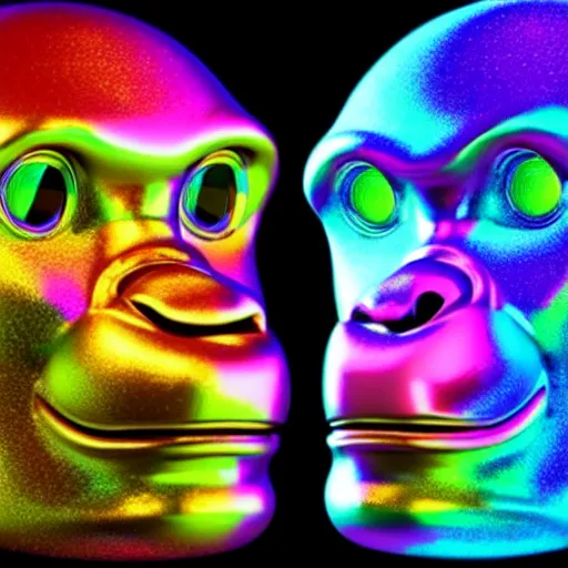 Image similar to 3d render of holographic chimpanzee robotic head made of glossy iridescent, surrealistic 3d illustration of a chimpanzee face non-binary, non binary model, 3d model ape, cryengine, made of holographic texture, holographic material, holographic rainbow, concept of cyborg and artificial intelligence