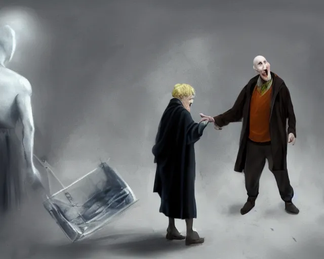 Prompt: Voldemort as a Sainsbury bag boy getting shouted at by an old woman, concept art, artstation