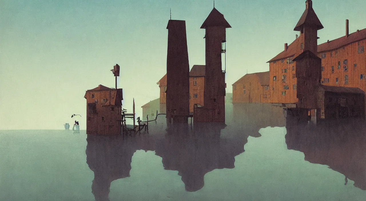 Prompt: single flooded simple crooked wooden tower, very coherent and colorful high contrast!! masterpiece by rene magritte simon stalenhag carl spitzweg syd mead norman rockwell edward hopper james gilleard, minimalist, dark shadows, sunny day, hard lighting