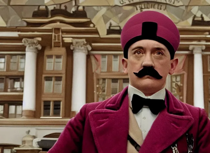 Image similar to a film still of a pompous adolf hitler in the grand budapest hotel ( 2 0 1 4 ) )