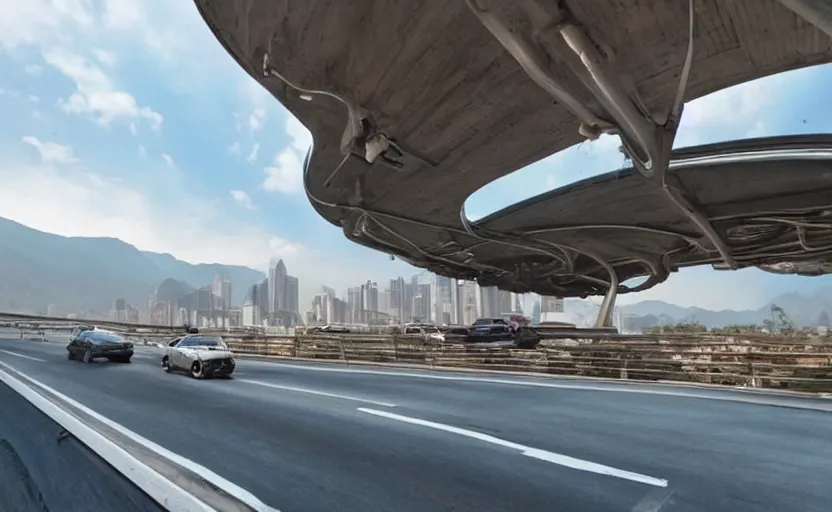 Image similar to valley of chrome, futuristic car driving on elevated highway