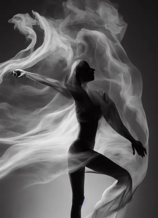 Image similar to a Photorealistic dramatic hyperrealistic render of a beautiful Female smoke dancer by Ken Brower and Deborah Ory of NYC Dance project,Lois Greenfield,Flowing cloth and smoke,Beautiful dynamic dramatic dark moody lighting,volumetric,shadows,cinematic atmosphere,Octane render,8K