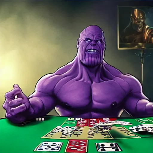 Image similar to thanos playing poker and going all in, high detail, photorealistic, depth of field