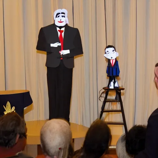 Image similar to press conference with puppeteer using marionette of a president in a podium