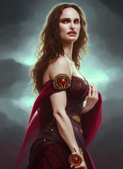 Prompt: portrait of natalie portman as a vampire lord, jewelry, greek, ruby, intricate, headshot, highly detailed, digital painting, artstation, concept art, sharp focus, cinematic lighting, illustration, art by artgerm and greg rutkowski, alphonse mucha, cgsociety