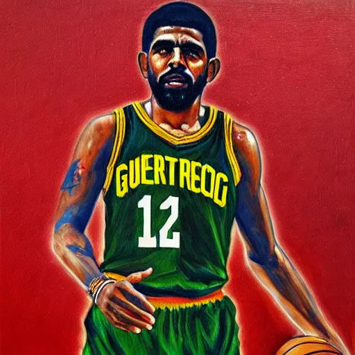 Prompt: guerrillero heroico, kyrie irving, oil on canvas by jim fitzpatrick and william sidney mount, digital art, trending on artstation