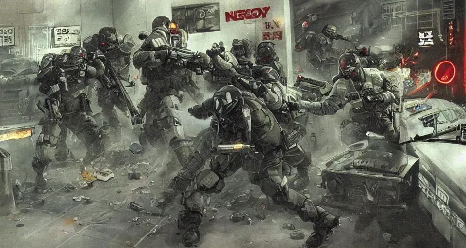 Image similar to 1987 Video Game Concept Art for Neo-tokyo Cyborg bank robbers vs police, Set inside of Office, Multiplayer set-piece Ambush, Tactical Squads :10, Police officers under heavy fire, Suppressive fire, Pinned down, Destructible Environments, Gunshots, Headshot, Bullet Holes and Anime Blood Splatter, :10 Gas Grenades, Riot Shields, MP5, AK45, MP7, P90, Chaos, Anime Machine Gun Fire, Gunplay, Shootout, :14 FLCL + Akira, Cel-Shaded:15, Created by Katsuhiro Otomo + Studio Gainax + Trending on Artstation: 20