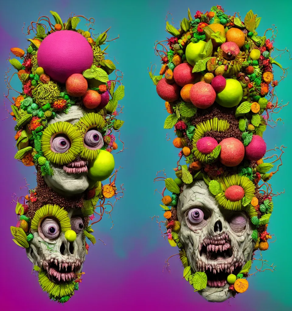 Prompt: headshot of a trickster nature zombie, head made of fruit and flowers in the style of arcimboldo, fragonard, covered with tendrils and 3 d blocks of text, digital illustration, dynamic lighting, action figure, clay sculpture, claymation, turquoise pink and green, botanical rainbow backdrop