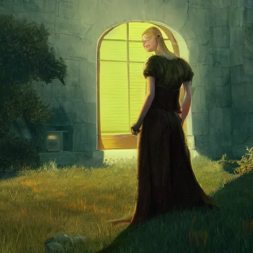 Prompt: Elle Fanning, head and shoulders masterpiece, in Dark Souls, golden hour, in a garden, artstation, in the style of Retro-Futurism and Edward Hopper and Bosch, extremely detailed