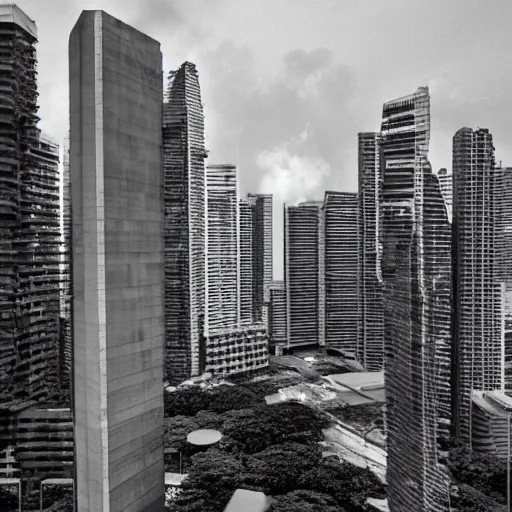 Image similar to brutalist Singapore, depth of field, grainy, retrofuturism