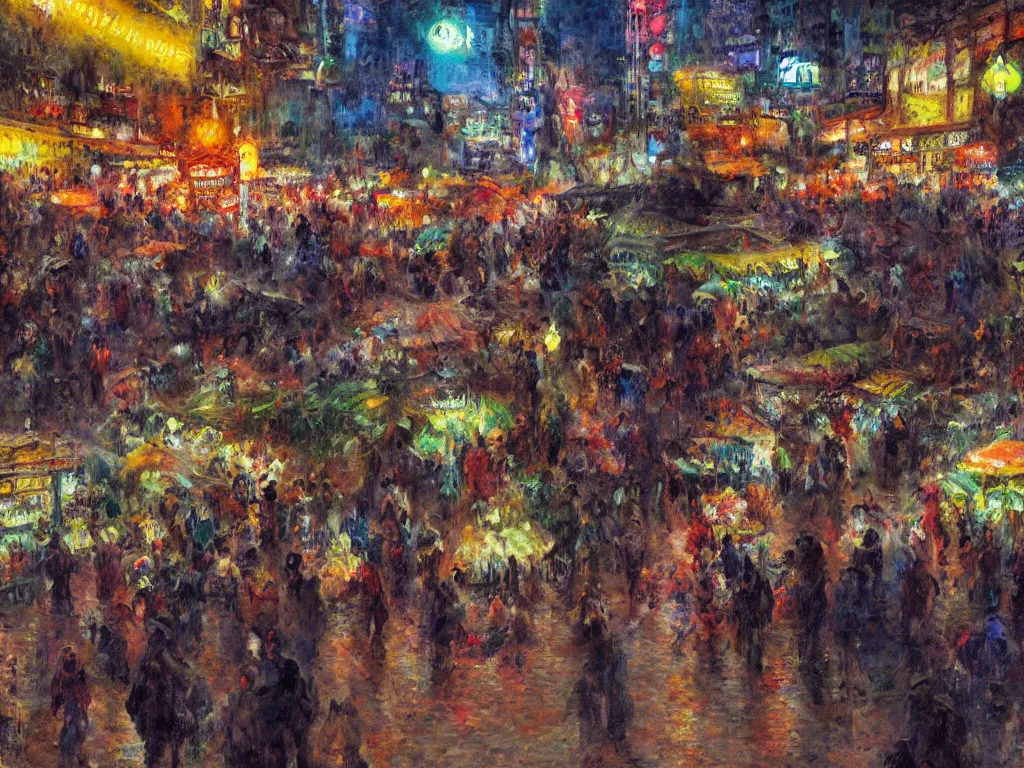 Prompt: matte painting, impressionist, a solemn night, defied by spirit, pulse, and flow, the vibrant echoes of the market, drifters, traders, collectors, and travelers, within radiate connection, forming an oasis of vivid lights within the shallow city, dark, vibrant people, vivid color, crowded people, close up, artistic style, eye level shot, by John Salminen and George Luks and Paul Lehr