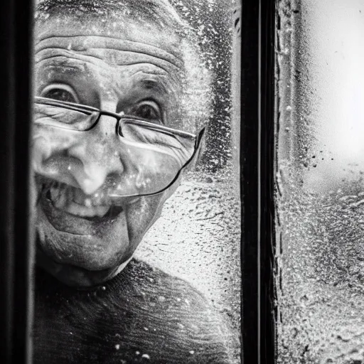 Image similar to a smiling old man seen through a dirty window