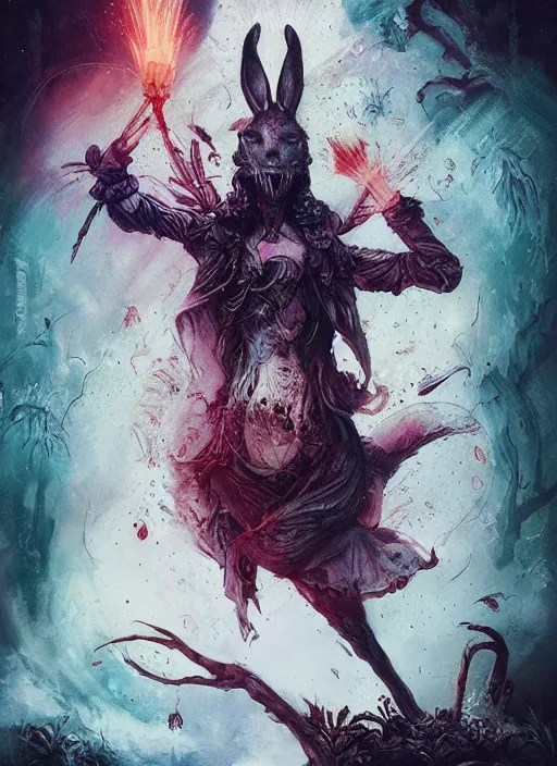 Image similar to white rabbit the magician tarot card, highly detailed, cinematic, 8 k, by megan duncanson, stanley artgermm, tom bagshaw, greg rutkowski, carne griffiths, ayami kojima, beksinski, giger, trending on deviantart, hyper detailed, horror, full of colour