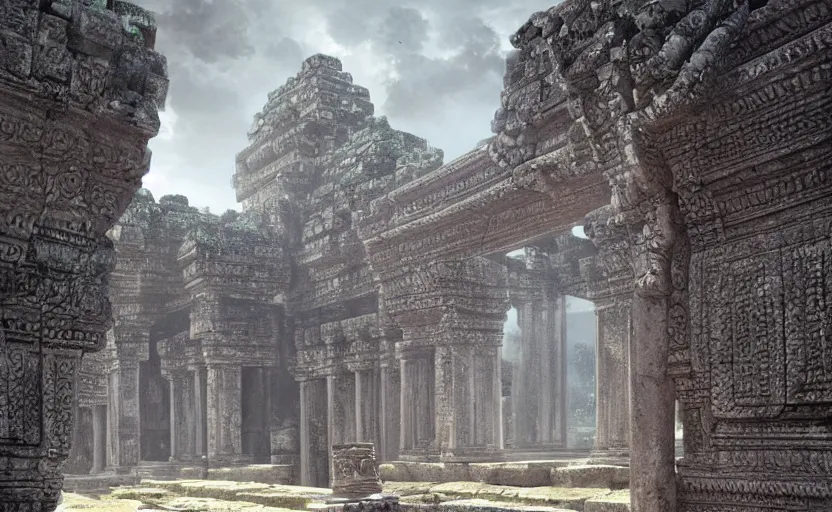 Prompt: khmer temple ruins, soft grey and blue natural light, intricate, digital painting, artstation, concept art, smooth, sharp focus, illustration, art by greg rutkowski and luis rollo and uang guangjian and gil elvgren, symmetry!