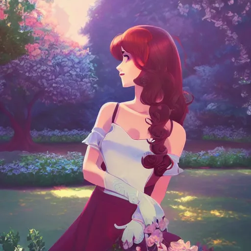 Prompt: a beautiful woman in southern belle fashion, garden landscape, 4k, anime key visual, lois van baarle, ilya kuvshinov, rossdraws, artstation