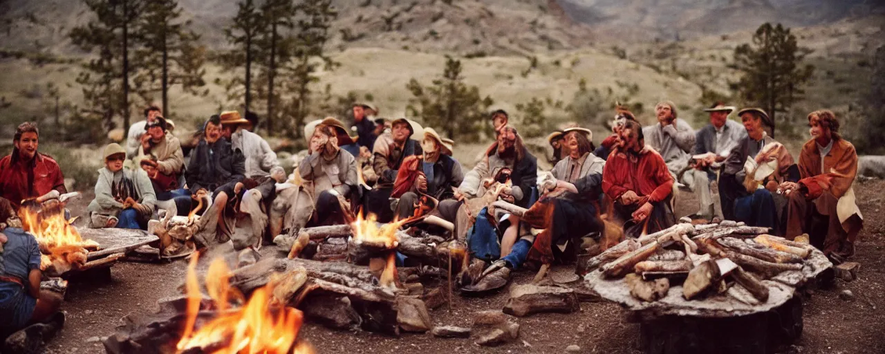 Prompt: 1 8 0 0's american west, people eating spaghetti dinner by a campfire, mountains in the background aesthetic!!, small details, facial expression, intricate, canon 5 0 mm, wes anderson film, kodachrome, retro