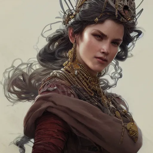 Image similar to portrait of a rugged queen, D&D, fantasy, intricate, elegant, highly detailed, digital painting, artstation, concept art, smooth, sharp focus, illustration, art by artgerm and greg rutkowski and alphonse mucha