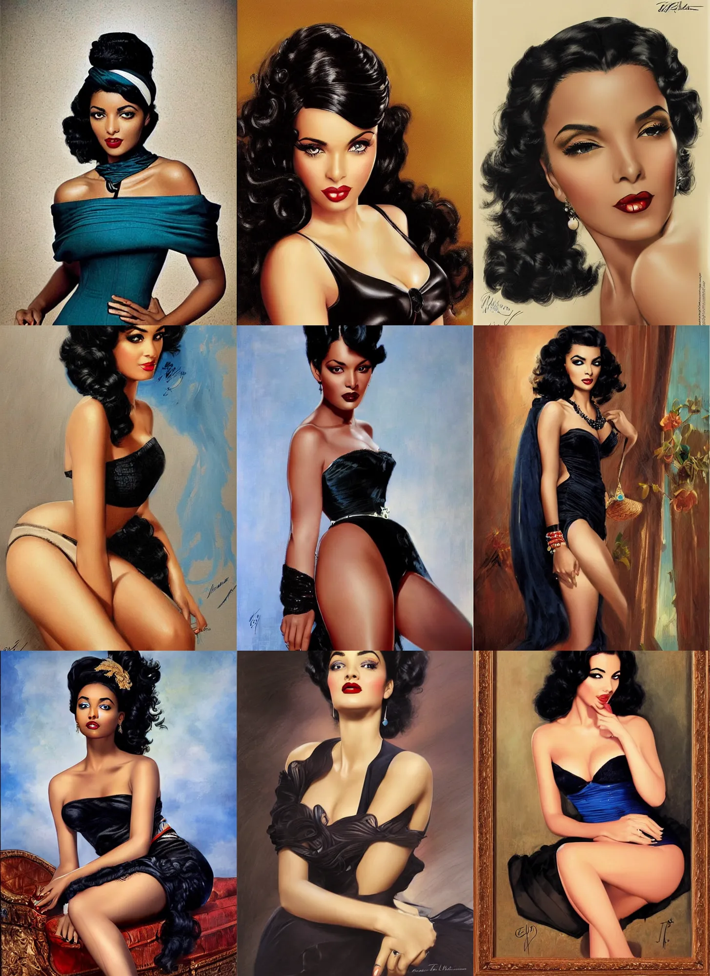 Prompt: african ameera al taweel, blue eyes, wavy black hair, seductive, beautiful by gil elvgren