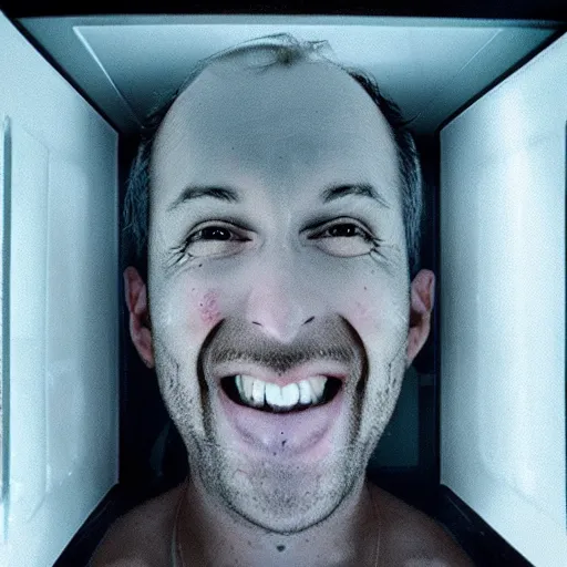 Image similar to crazy man inside a microwave, selfie, uncomfortable