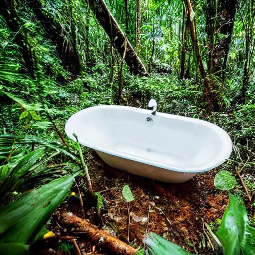 Prompt: pristine bath filled with bubbles in a clearfelled jungle, deforestation, slash and burn