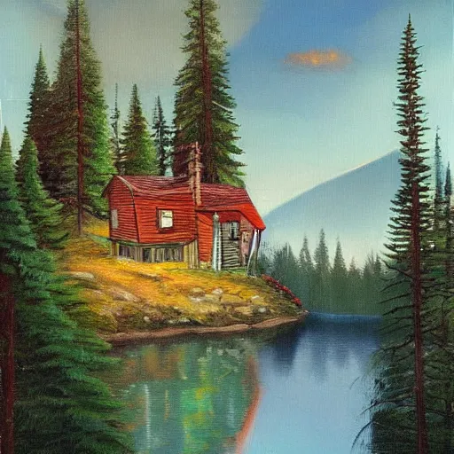 Image similar to small robot cottage at the edge of a lake in the mountains, painting by frank moth, soft glowing windows, early evening, reflections, pine trees, detailed, outlined