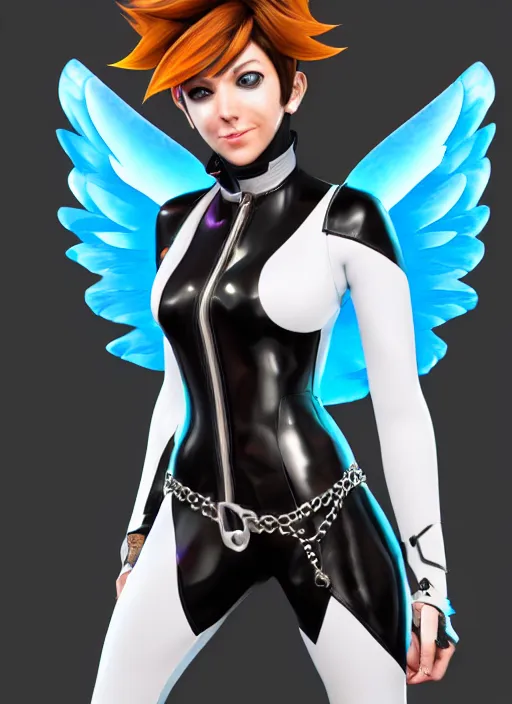 Image similar to portrait bust digital artwork of tracer overwatch, wearing white iridescent rainbow latex and leather straps catsuit outfit, 4 k, expressive happy smug expression, makeup, in style of mark arian, angel wings, wearing detailed black leather collar, chains, black leather harness, detailed face and eyes,