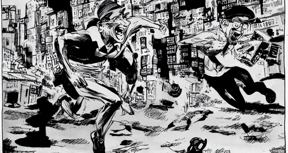 Prompt: man running away from a giant cat, will eisner