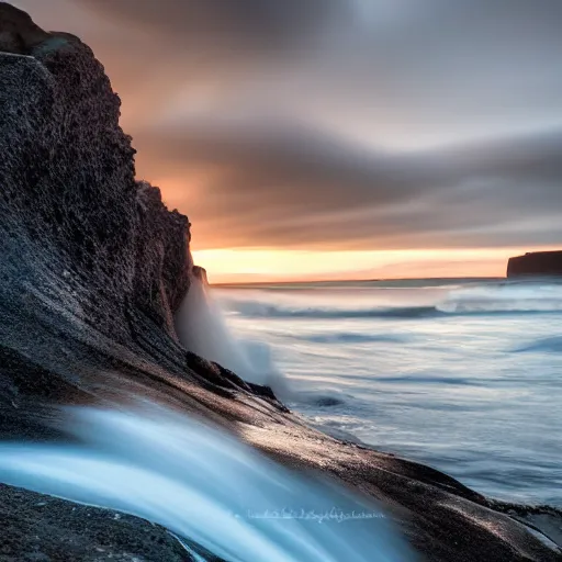 Prompt: long exposure shot of waves crashing against a cliff at sunset