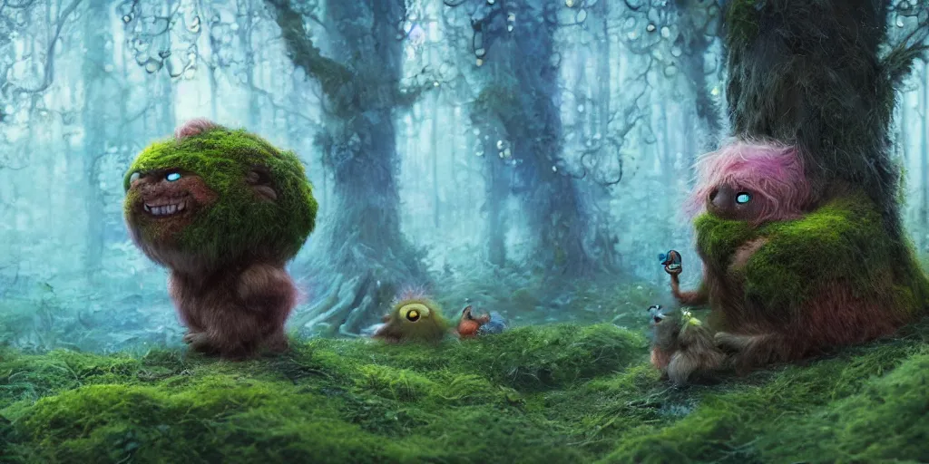 Image similar to a surreal bioluminescent, very very very cute hairy mossy forest troll in a happy forest world by daniel merriam, trending on artstation, oil on canvas by elena zhurikhina and goro fujita and charlie bowater, octane render, 4 k, 8 k, hd