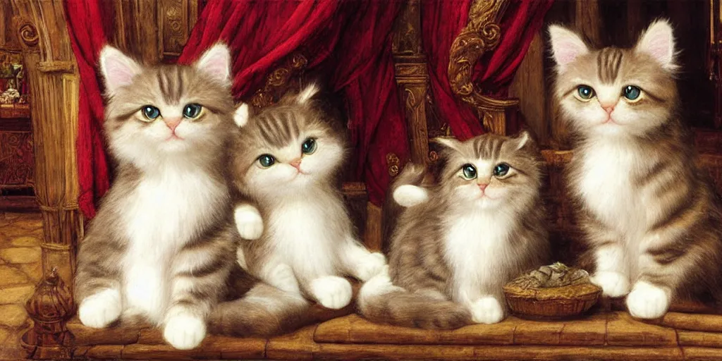 Image similar to 3 d precious moments plush cat, sitting in a castle, realistic fur, stuffed animal, master painter and art style of john william waterhouse and caspar david friedrich and philipp otto runge