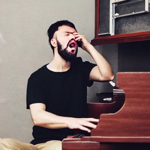 Prompt: a crying man plays piano while shouting at an iPhone