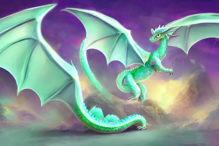 Prompt: full body digital illustration of a tiny baby dragon with iridescent wings, pastel color scheme, concept art, matte background, deviantArt, artstation, artstation HQ, HD, 4k resolution