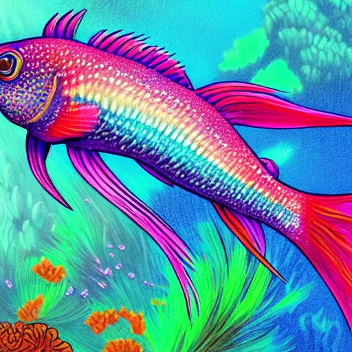 Image similar to coral underwater colorful, fantasy, intricate, highly detailed, little fish and sea life digital painting, hd, trending on artstation, illustration, fine lines, sharp edges, colourful, siamese fighting fish