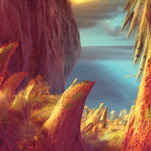 Image similar to digital art of a lush natural scene on an alien planet. beautiful landscape. weird vegetation. cliffs and water. grainy and rough. soft interesting colour palette. beautiful light. high quality render.