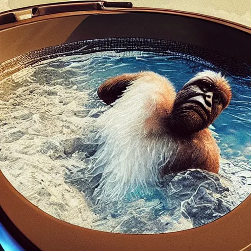 Prompt: “a yeti in a hottub, realistic, hiperrealist, photorealist, intricate, sharp focus, cinematic lights, Artstation HQ, Deviantart trending, 4K UHD, masterpiece”