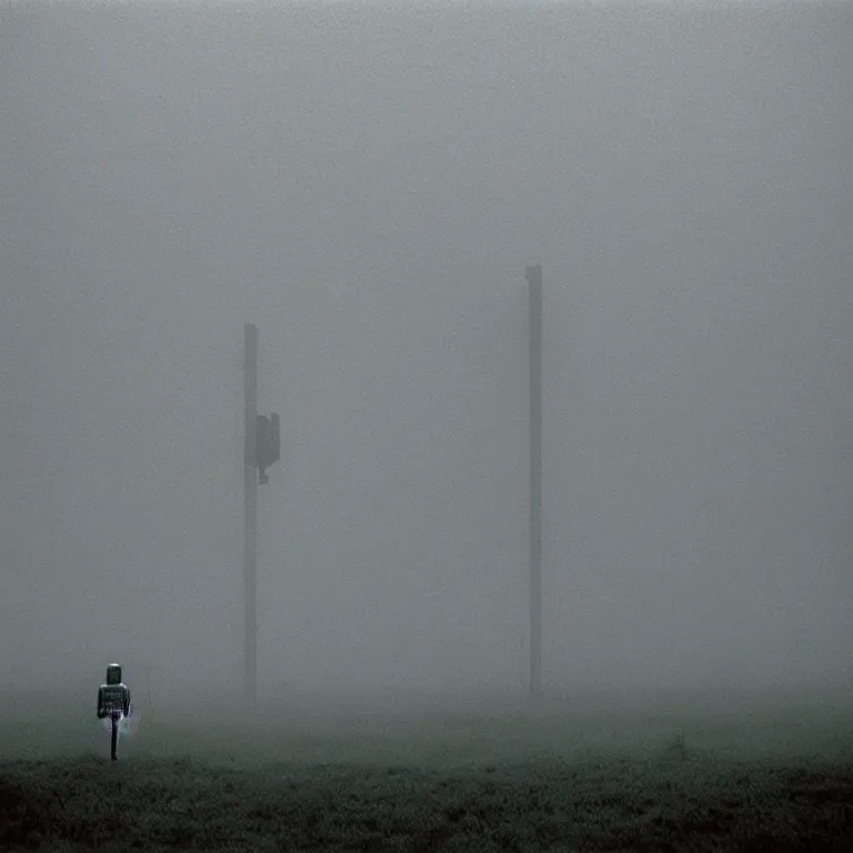 Image similar to a sole angular lanky liminal observer droid, in a brutalist yet rural landscape by simon stalenhag, 3 5 mm film photography, dawn, eerie fog