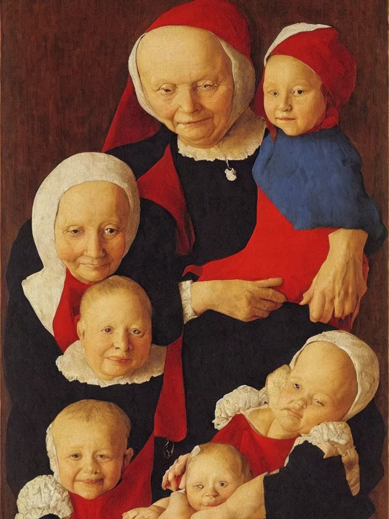 Image similar to portrait of a old woman holding a younger woman on her lap, that holds another, even younger woman, holding a girl holding a baby. painting by jan van eyck, rene magritte.