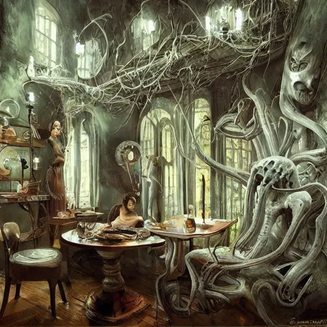 Image similar to a serene and tranquil dining room, haunted house, masterpiece, unease, grasping pseudopods, detailed human figures, rhads!!!, magical realism, urban fantasy, ( h. r. giger )