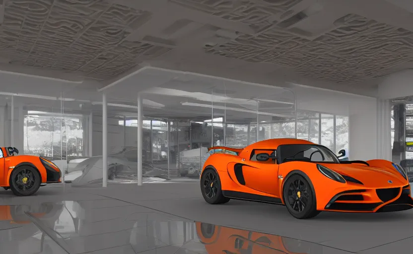 Image similar to futuristic lotus exige ( ( orange ) ) parked within interior view of futuristic auto showroom ( ( frank lloyd wright ) ) luminescent concept art, unreal engine 5, artstation highly detailed, digital art, 8 k hdr, soft lighting, hyperrealistic, godrays